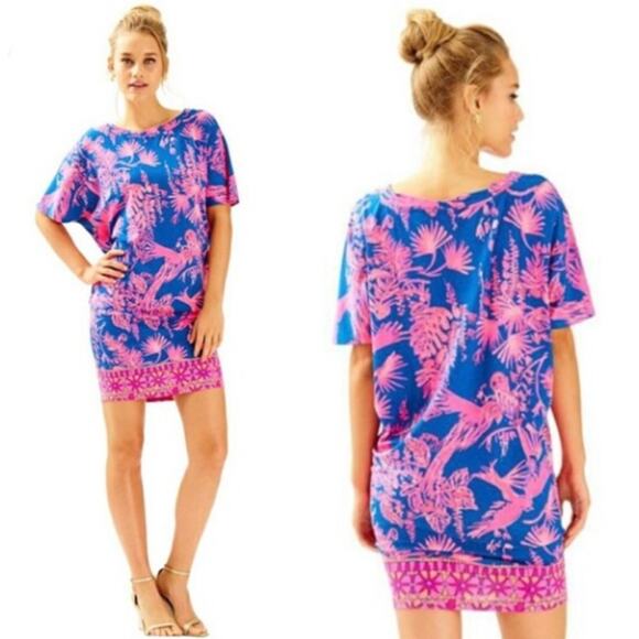 LILLY PULITZER Lowe Mini Dress Indigo Night Caw Pink Blue Tropical Floral Small - Picture 1 of 11